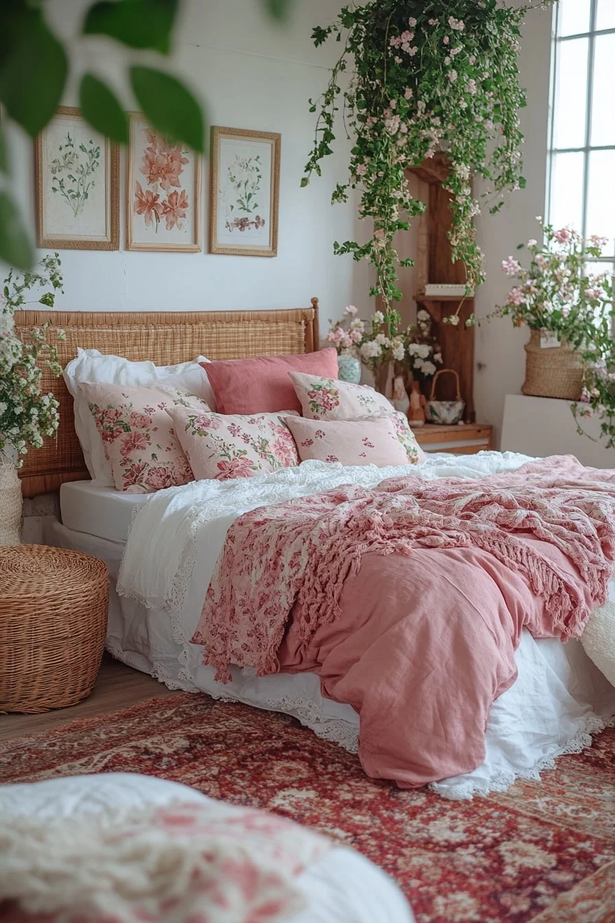 Boho Bedroom with Floral Pillows and Woven Baskets
