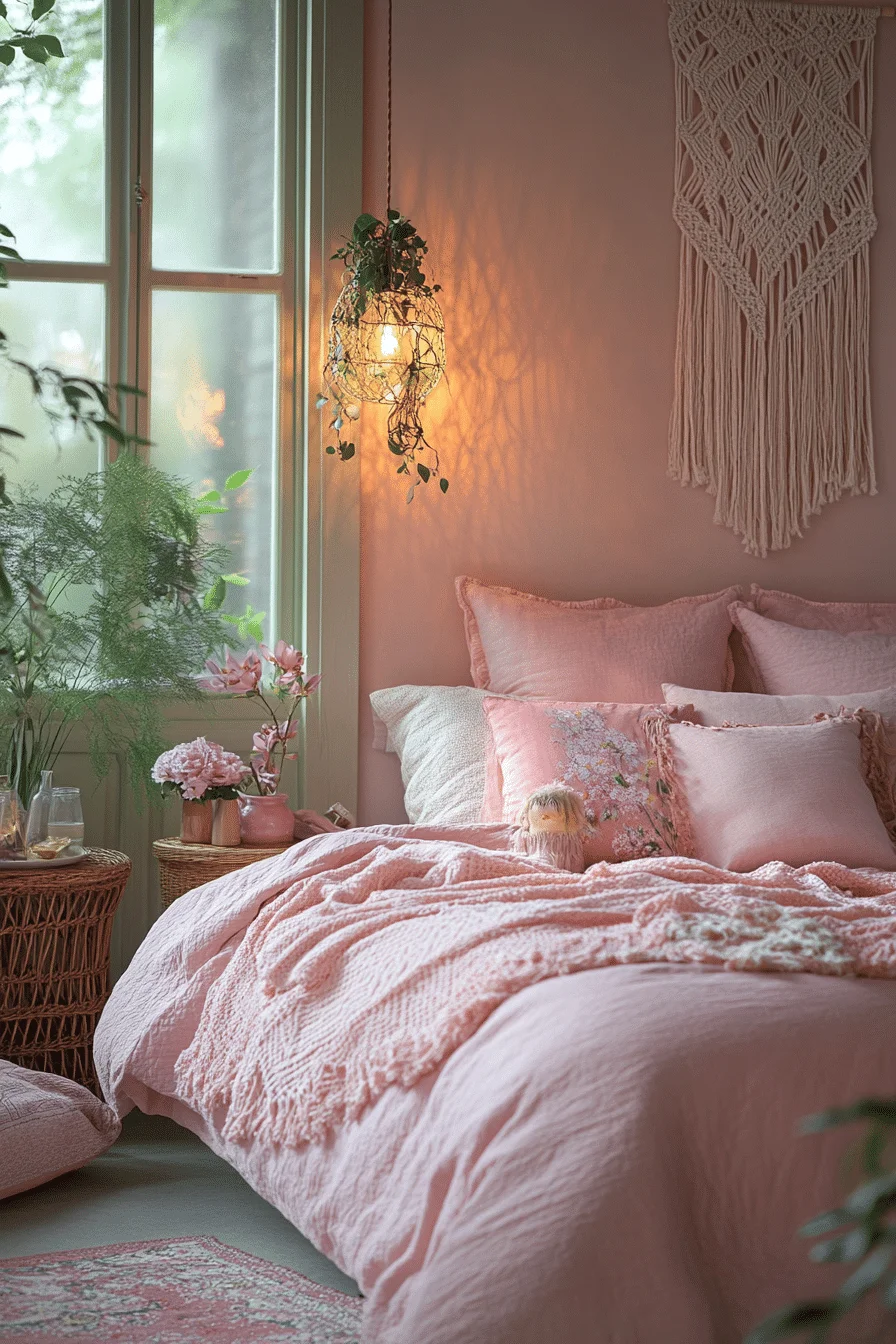Pink Boho Bedroom with Soft Textiles and Natural Decor