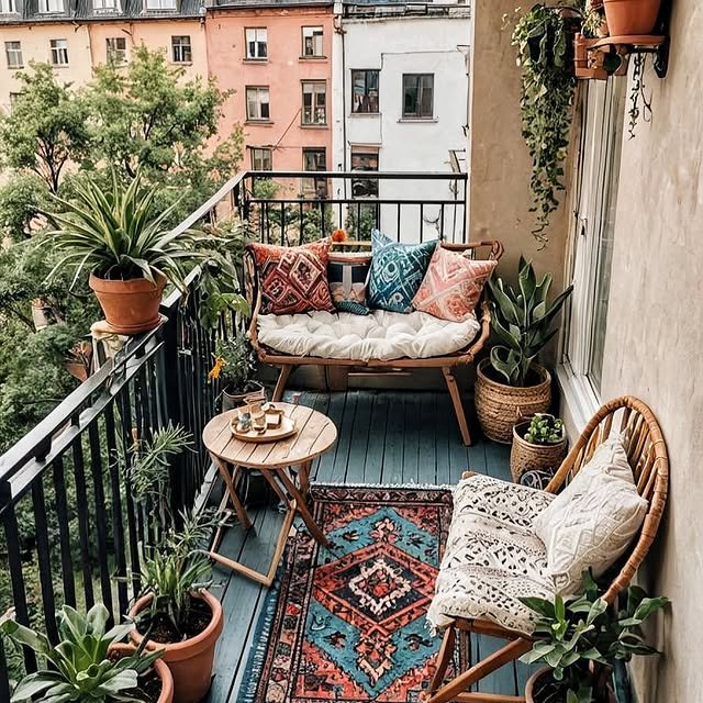 Boho balcony with layered rugs