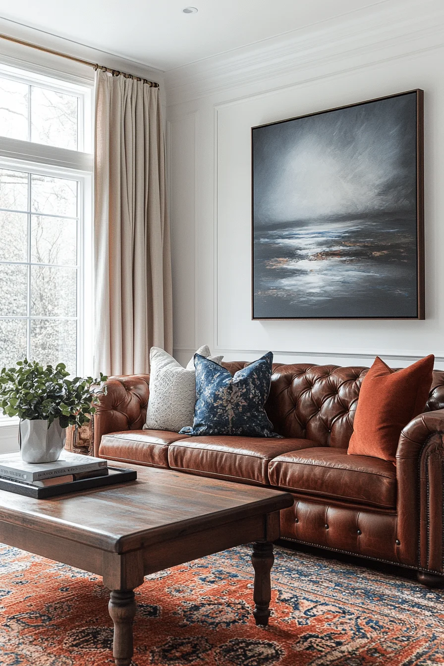 Transitional Living Room with Neutral Sofas and Modern Art