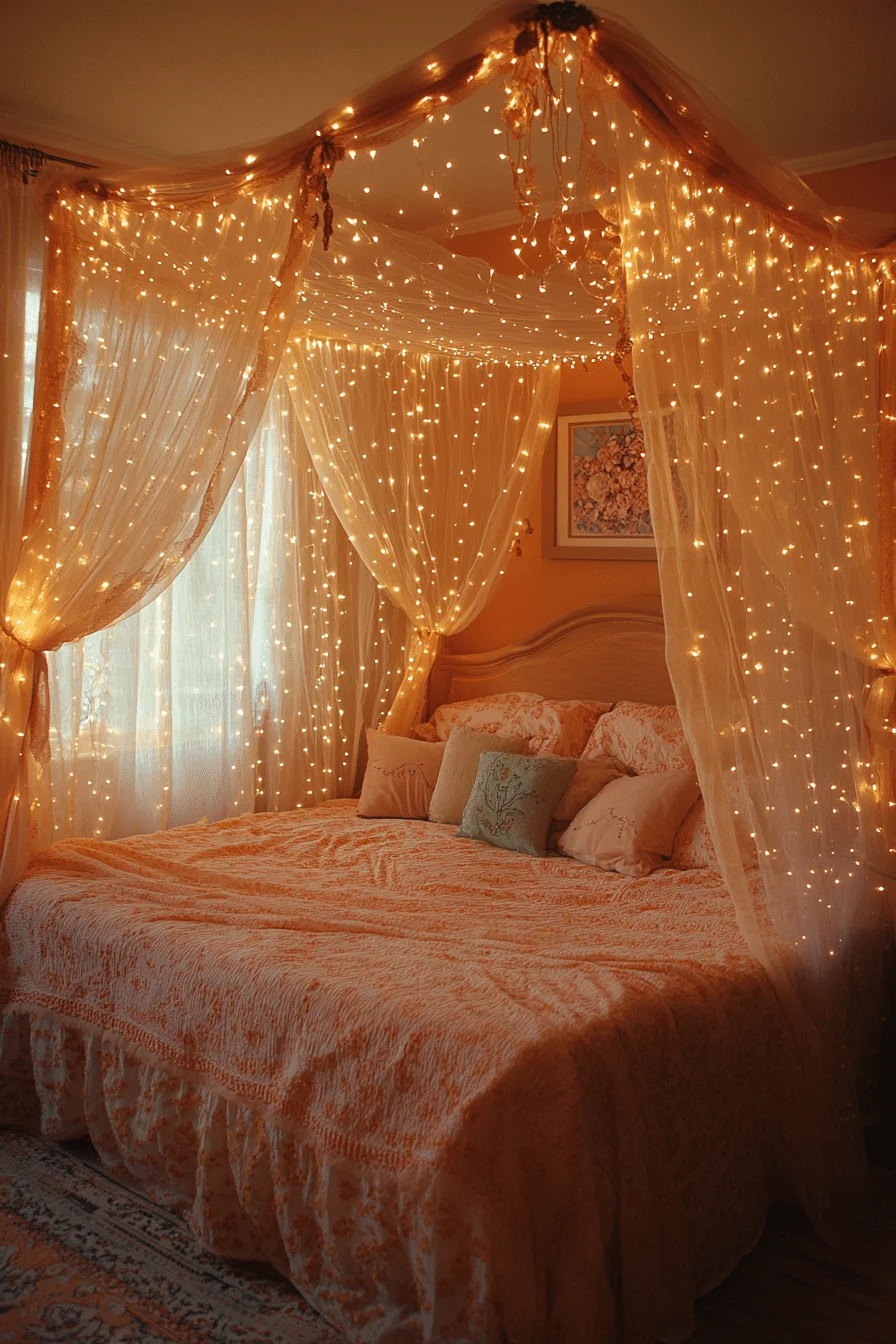 Whimsical canopy bed with fairy lights
