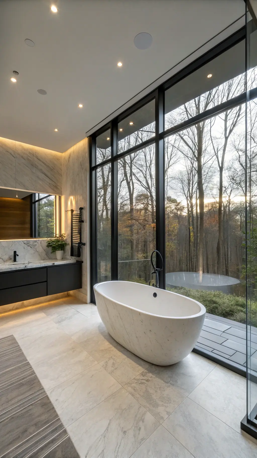 luxury spa-inspired modern bathroom with freestanding marble tub rainfall shower and white oak vanity bathed in morning light