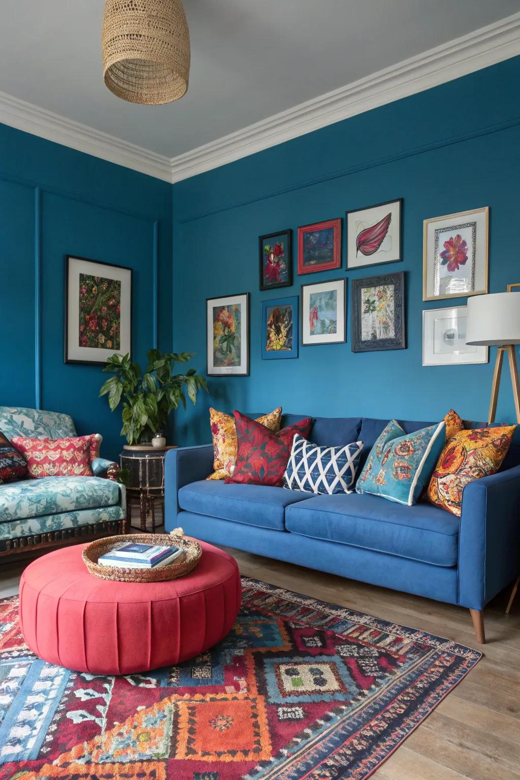 Vivid contrasting hues accentuate the blue elements in this lively living room.