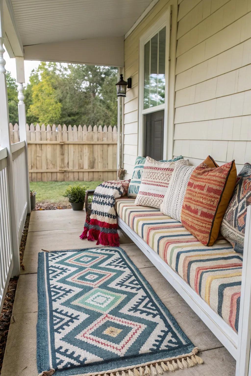 Vibrant patterned cushions enliven a small porch.