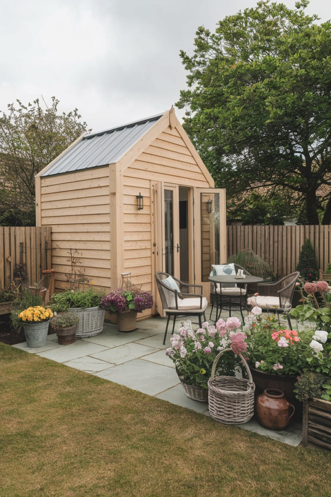 Flower bed framing a garden shed