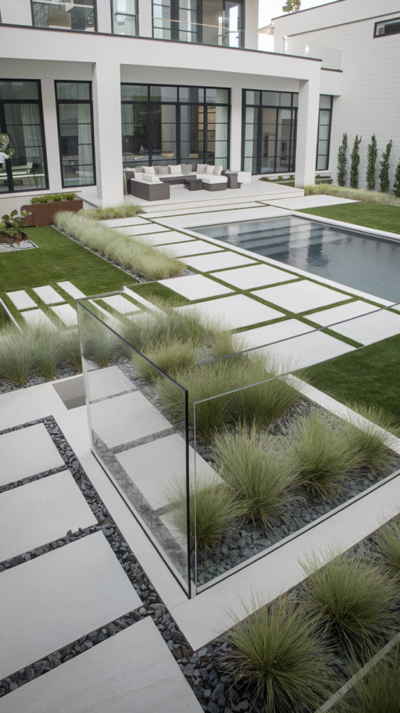 Tropical pool landscaping with palm trees and colorful flowers