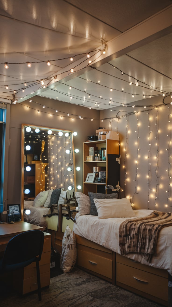 Dorm room with string lights