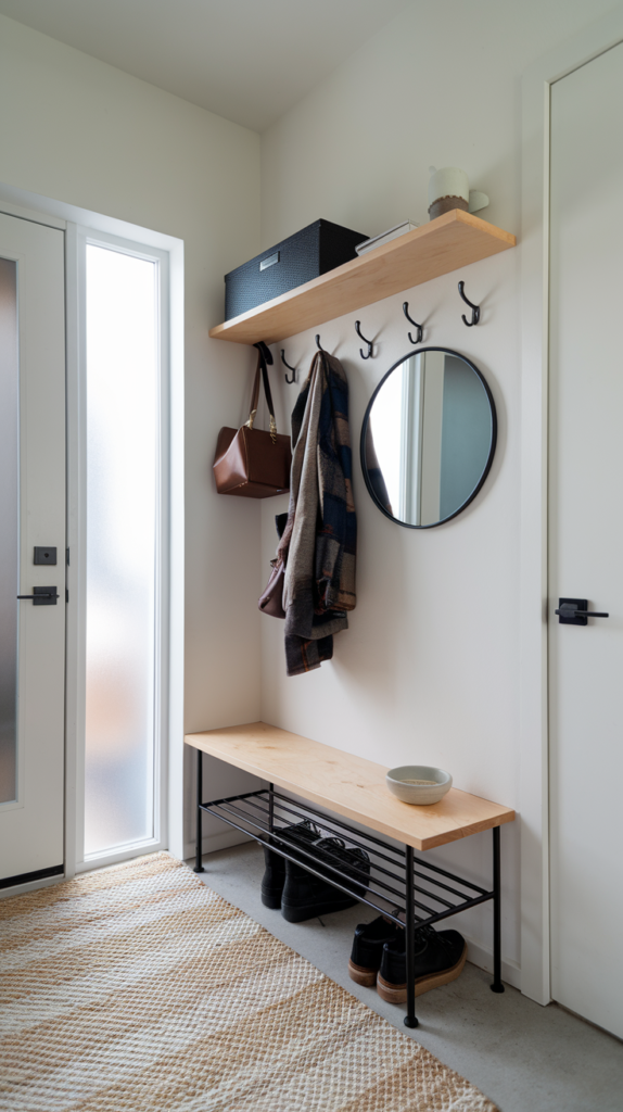 Wall-mounted hooks in entryway