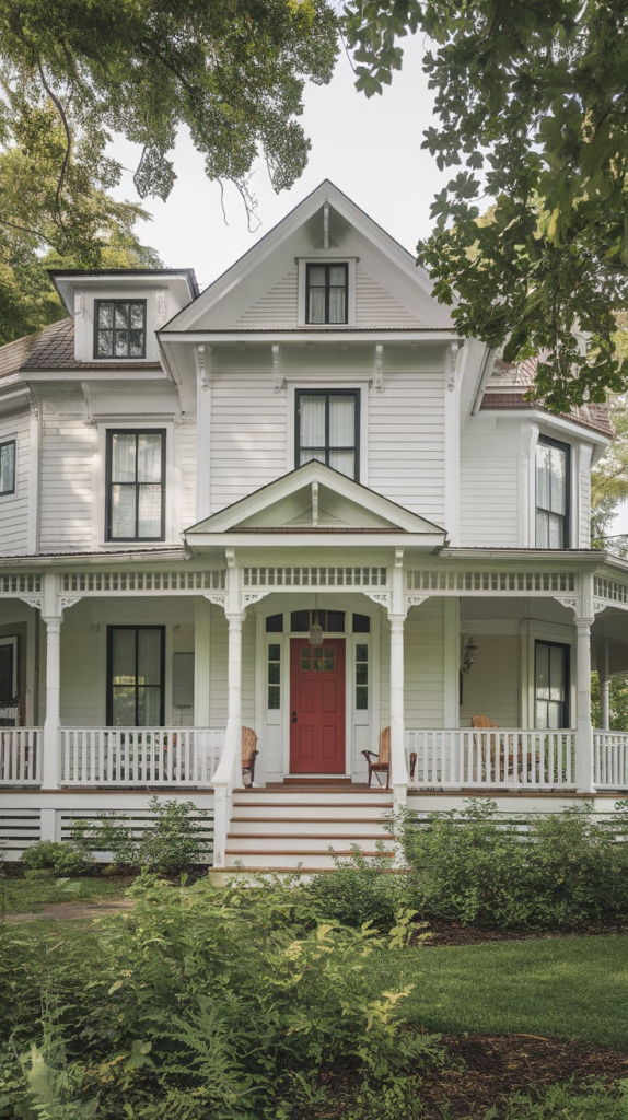 Classic white farmhouse exterior with black accents