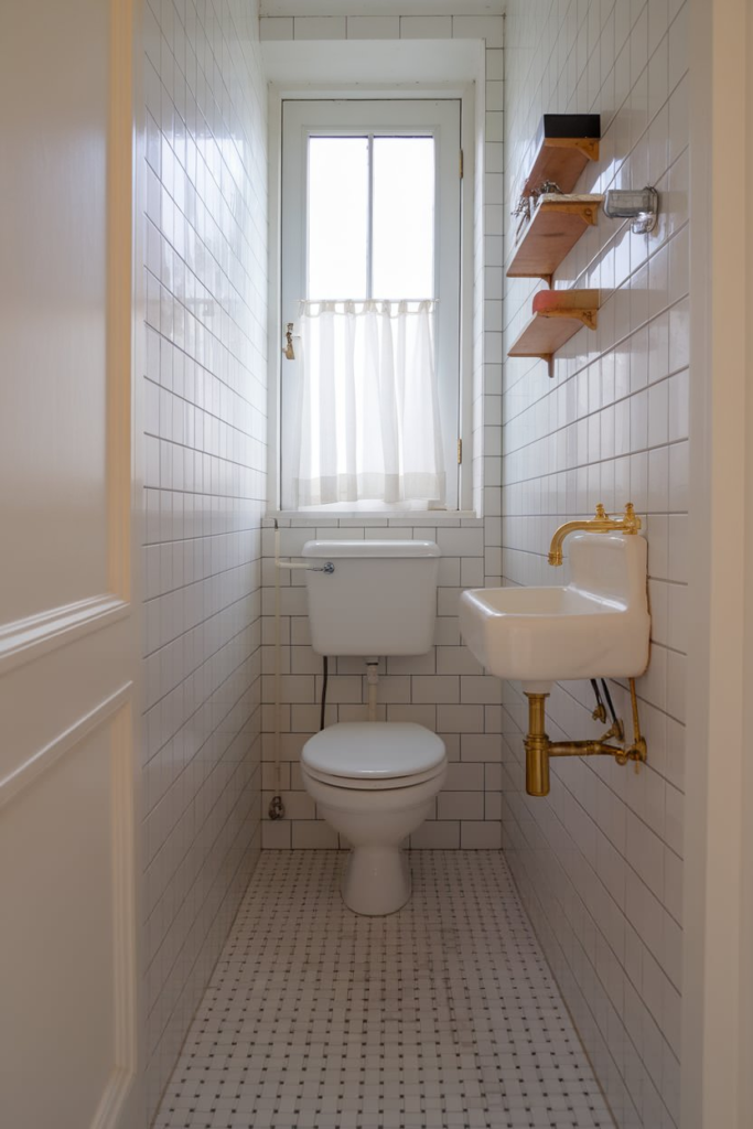 Vertical shelving in small bathroom