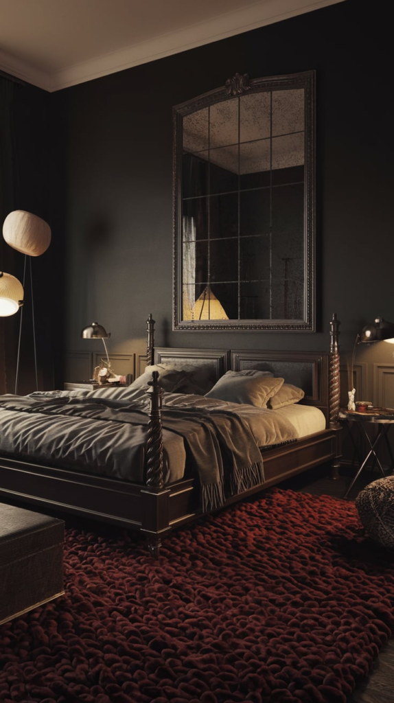 Dark romantic bedroom with moody walls