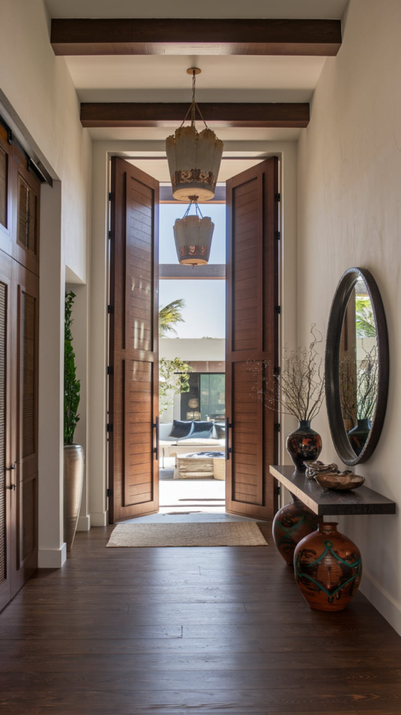 Rustic wooden hall tree with bench and hooks