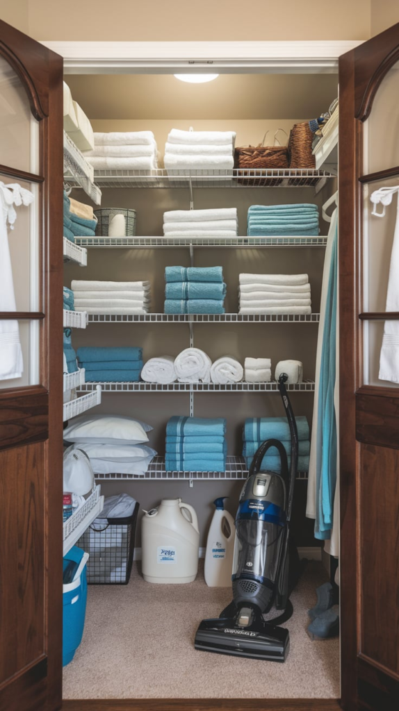 Organized linen closet with categorized linens