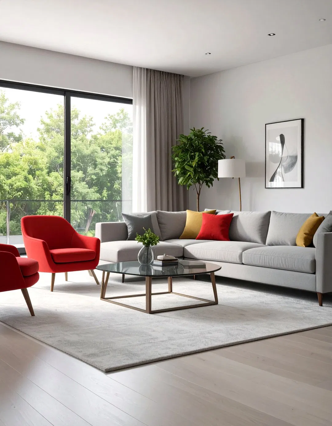 Sleek Minimalist Living Room with Red Highlights