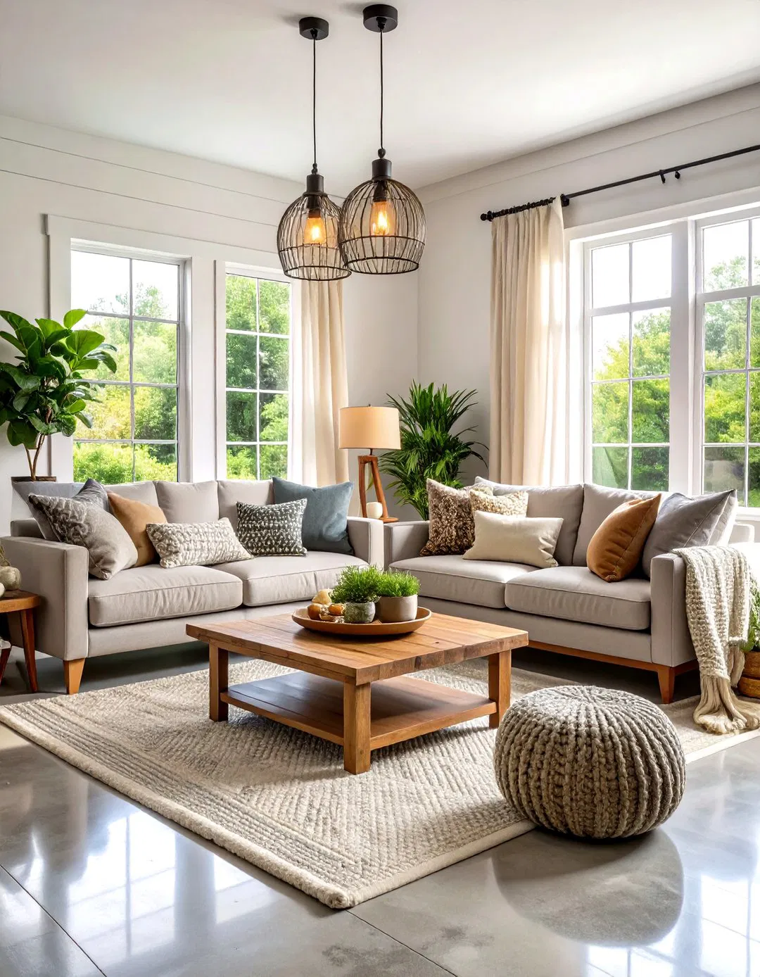 Contemporary Farmhouse with Concrete Base - Rustic Concrete Floor Living Room Ideas