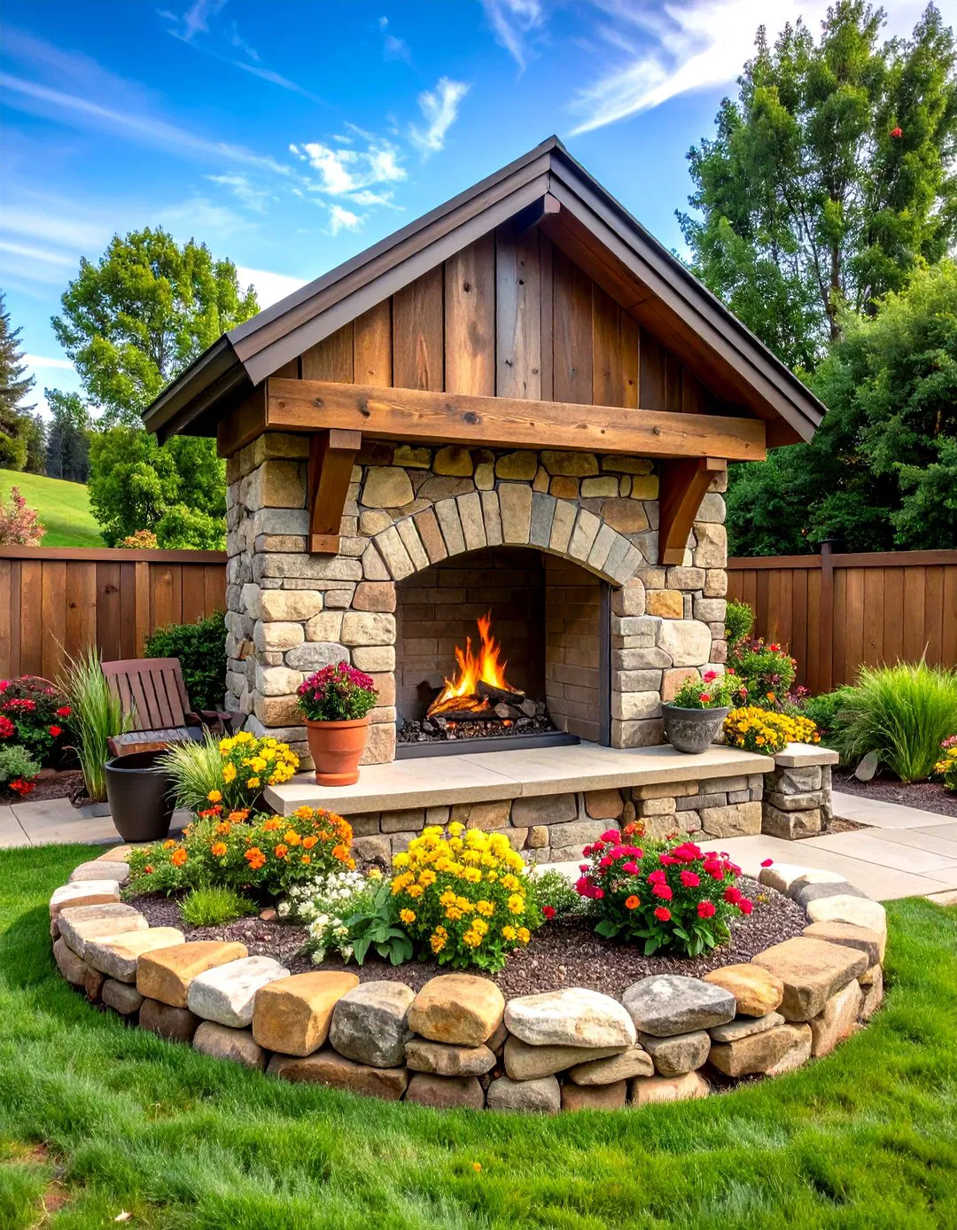 Rustic Fieldstone Fireplace with Reclaimed Wood Mantel