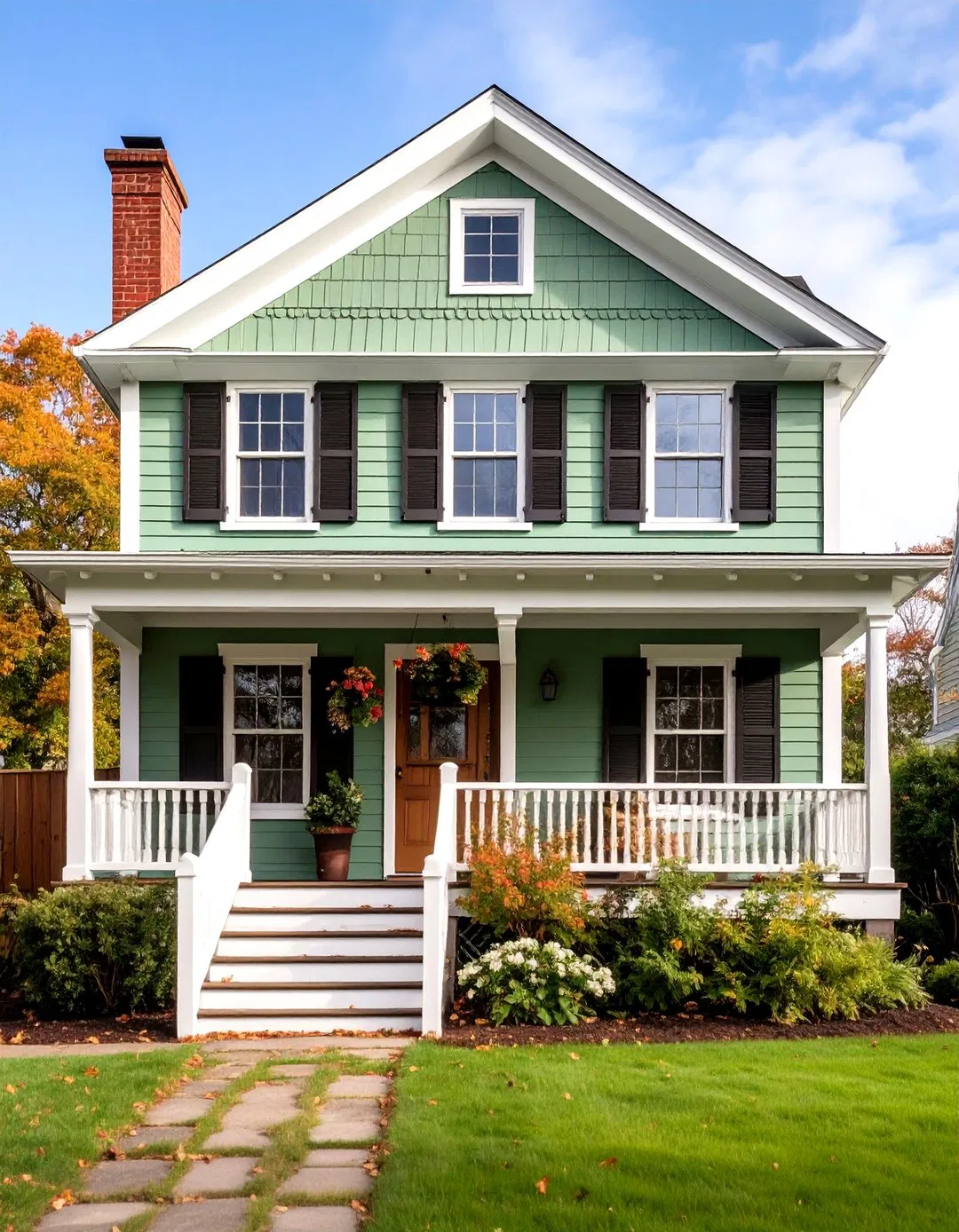 Colonial Home with Sage Green Siding and Brown Trim