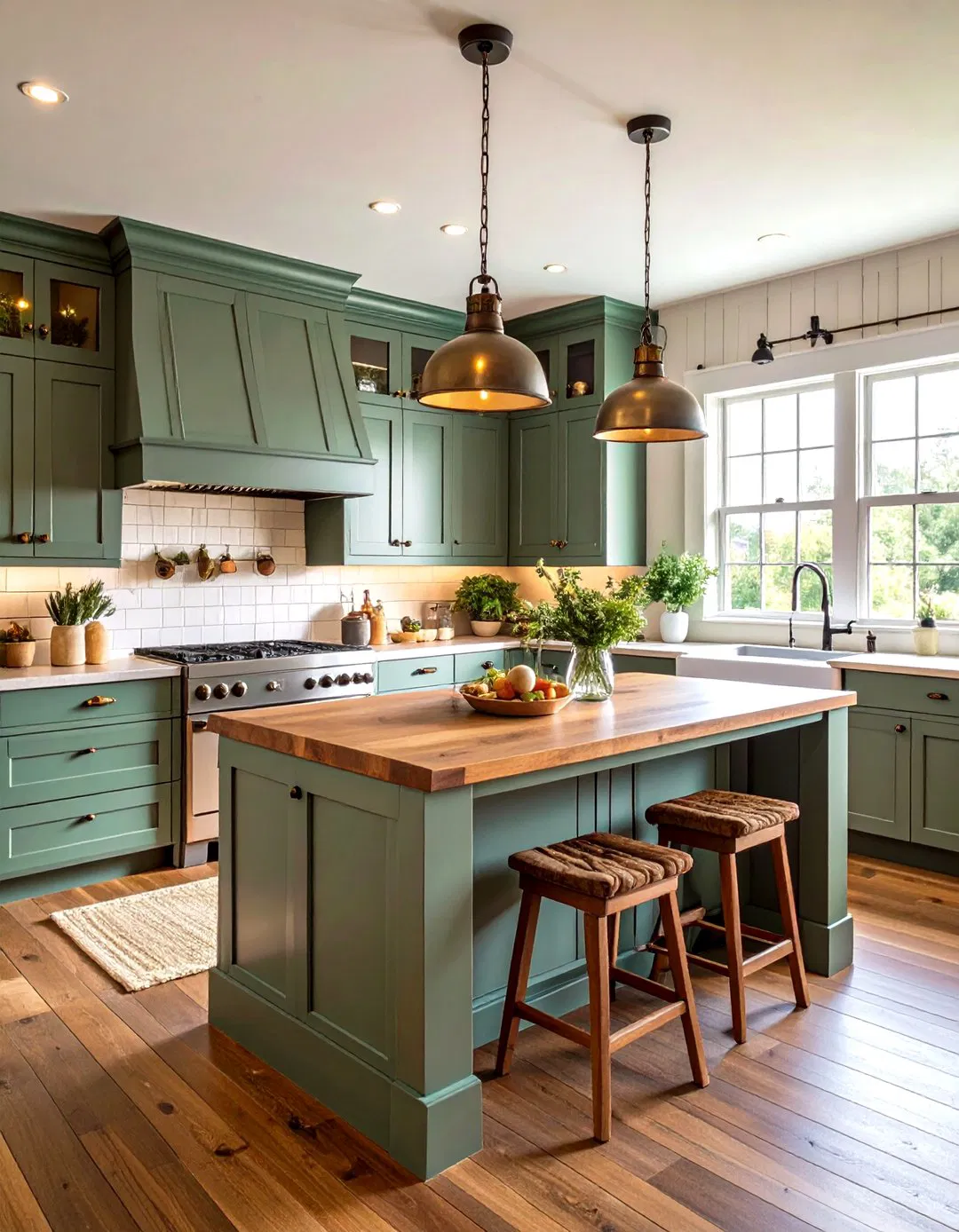 Rustic Farmhouse Sage Green Island with Butcher Block Countertops