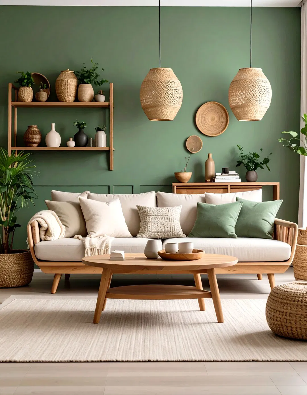 Sage Green Living Room with Natural Wood Accents