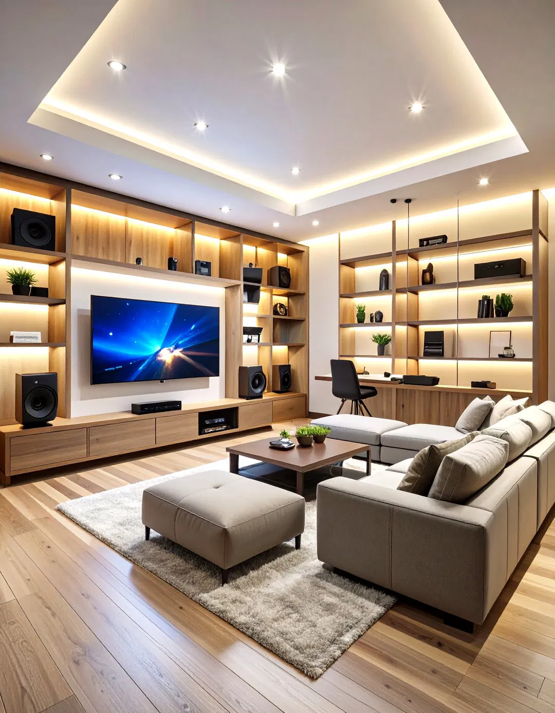 Basement Gaming Retreat with Custom Storage Solutions