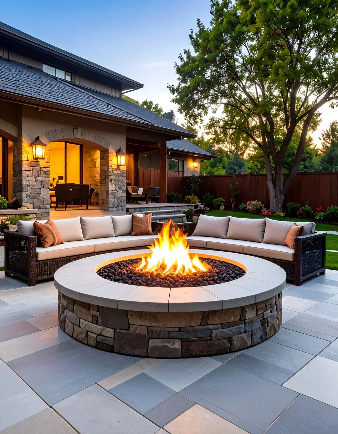 Ashlar Slate Stamped Concrete Patio with Central Fire Pit