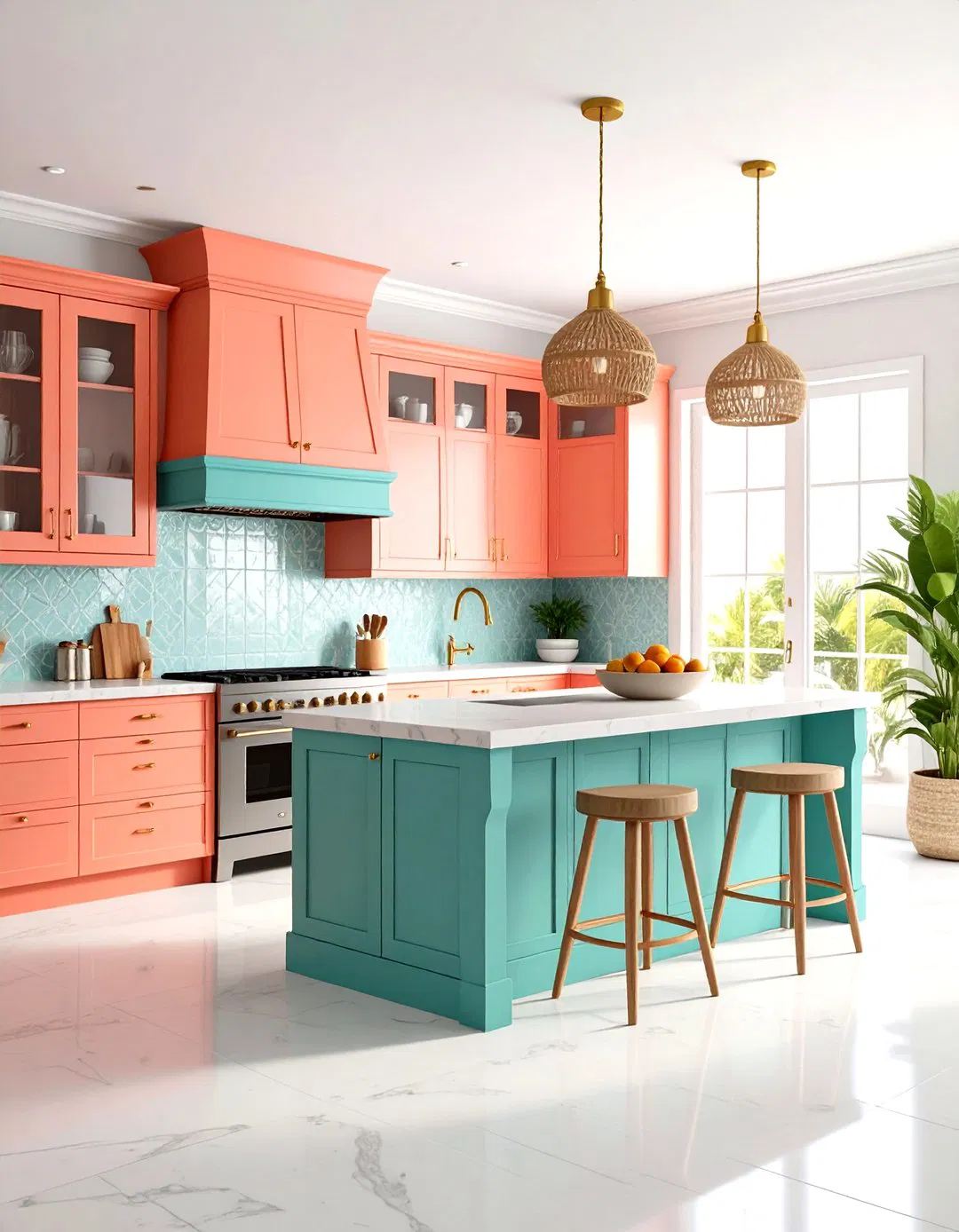 Caribbean Coral Kitchen with Turquoise Accents