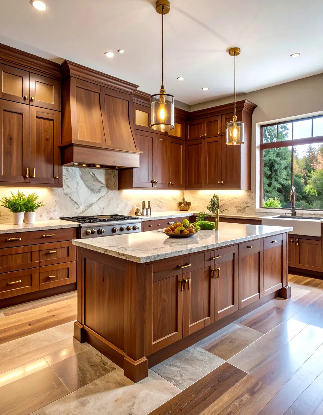 Dark Walnut Cabinets with Brass Hardware - Tudor Kitchen Design