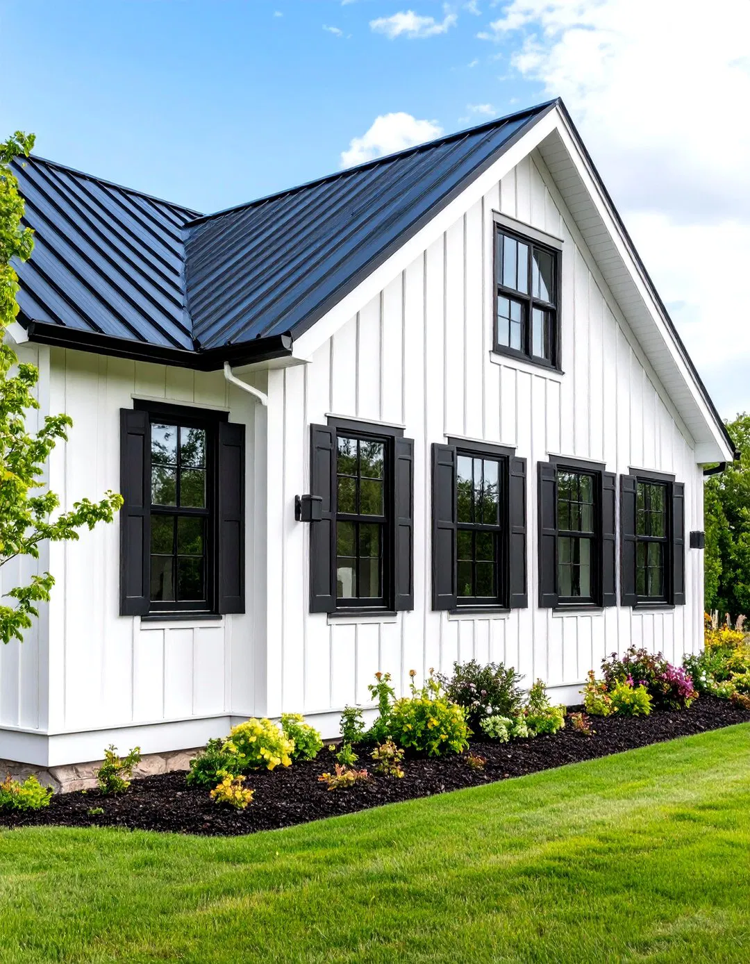 Board and Batten Vertical Siding Design - White Farmhouse with Black Windows