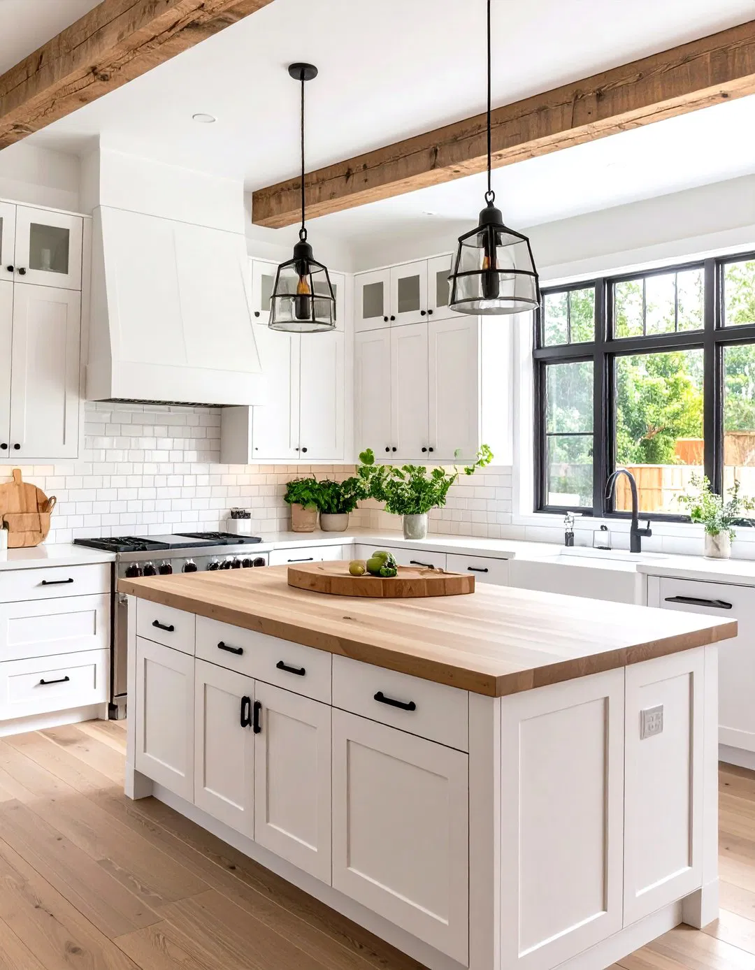 Farmhouse Kitchen with White Shaker Cabinets and Matte Black Bar Handles