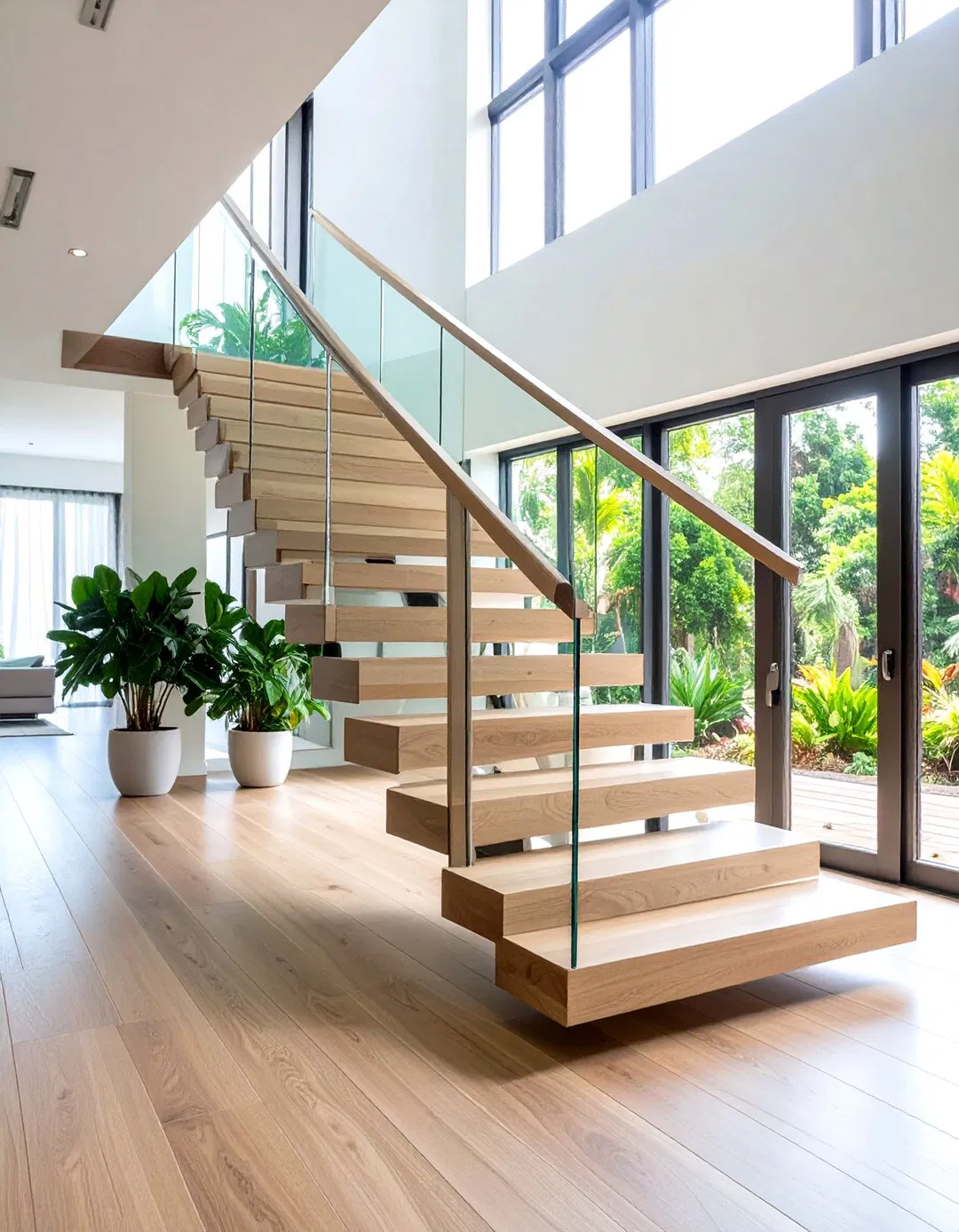Innovative Floating White Oak Staircases with Glass Balustrades
