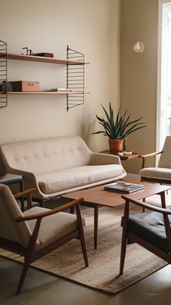 Contemporary guest room with neutral palette and colorful accents
