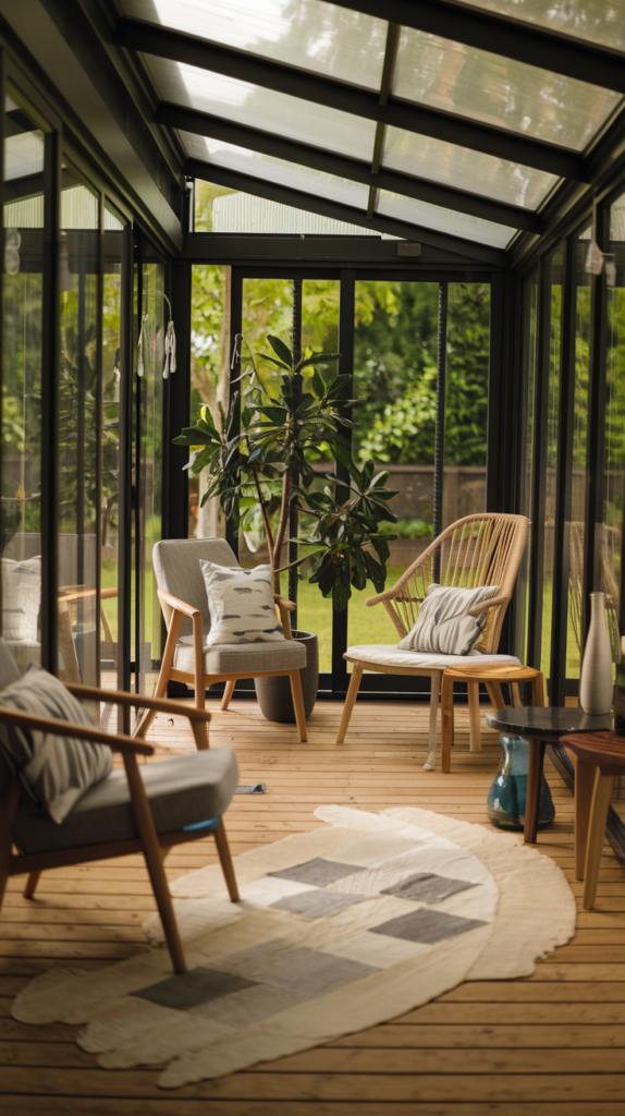 Modern sunroom with floor-to-ceiling glass walls