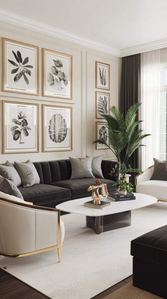 Living room with neutral tones and colorful accents