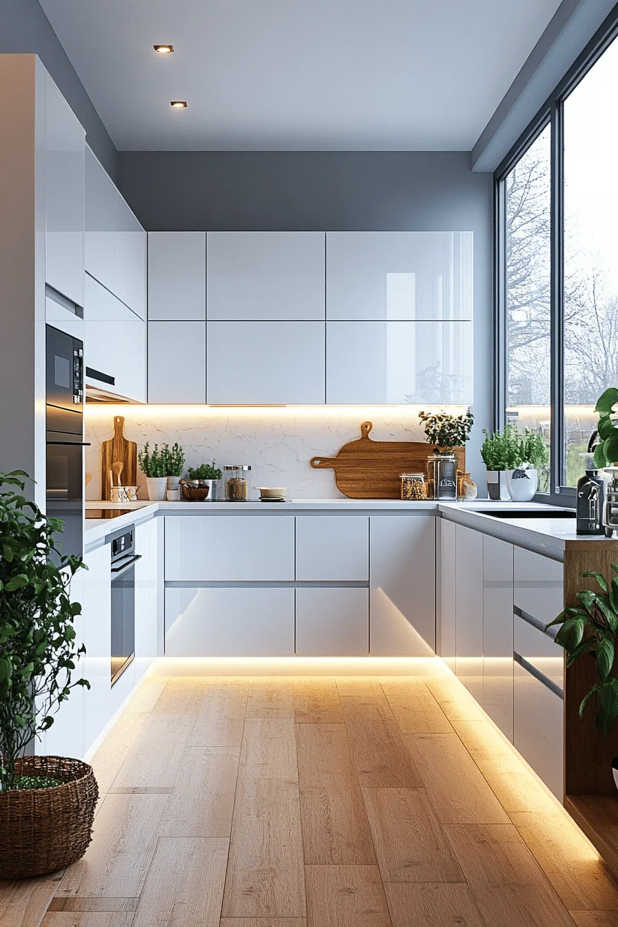 Minimalist kitchen with white cabinets and open shelves