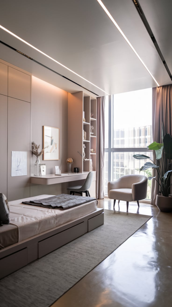 Minimalist dorm room with neutral colors