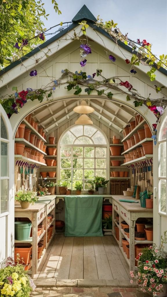 Rustic potting shed with reclaimed wood and antique windows