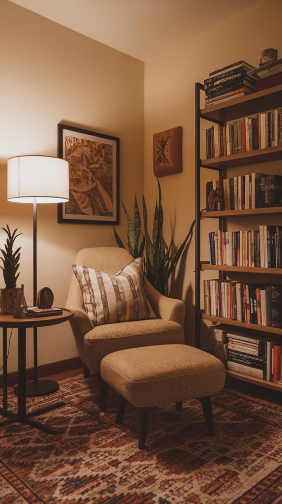 Cozy reading nook in a she shed