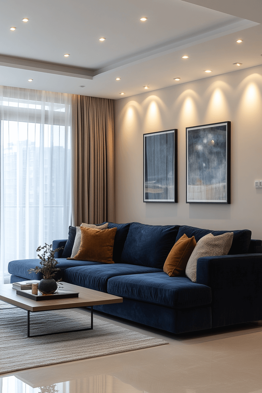 Modern minimalist living room with blue sofa