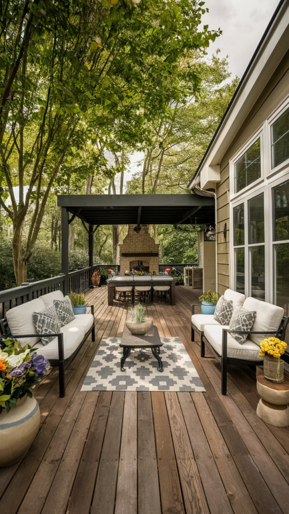 Repurposed wooden bench on patio