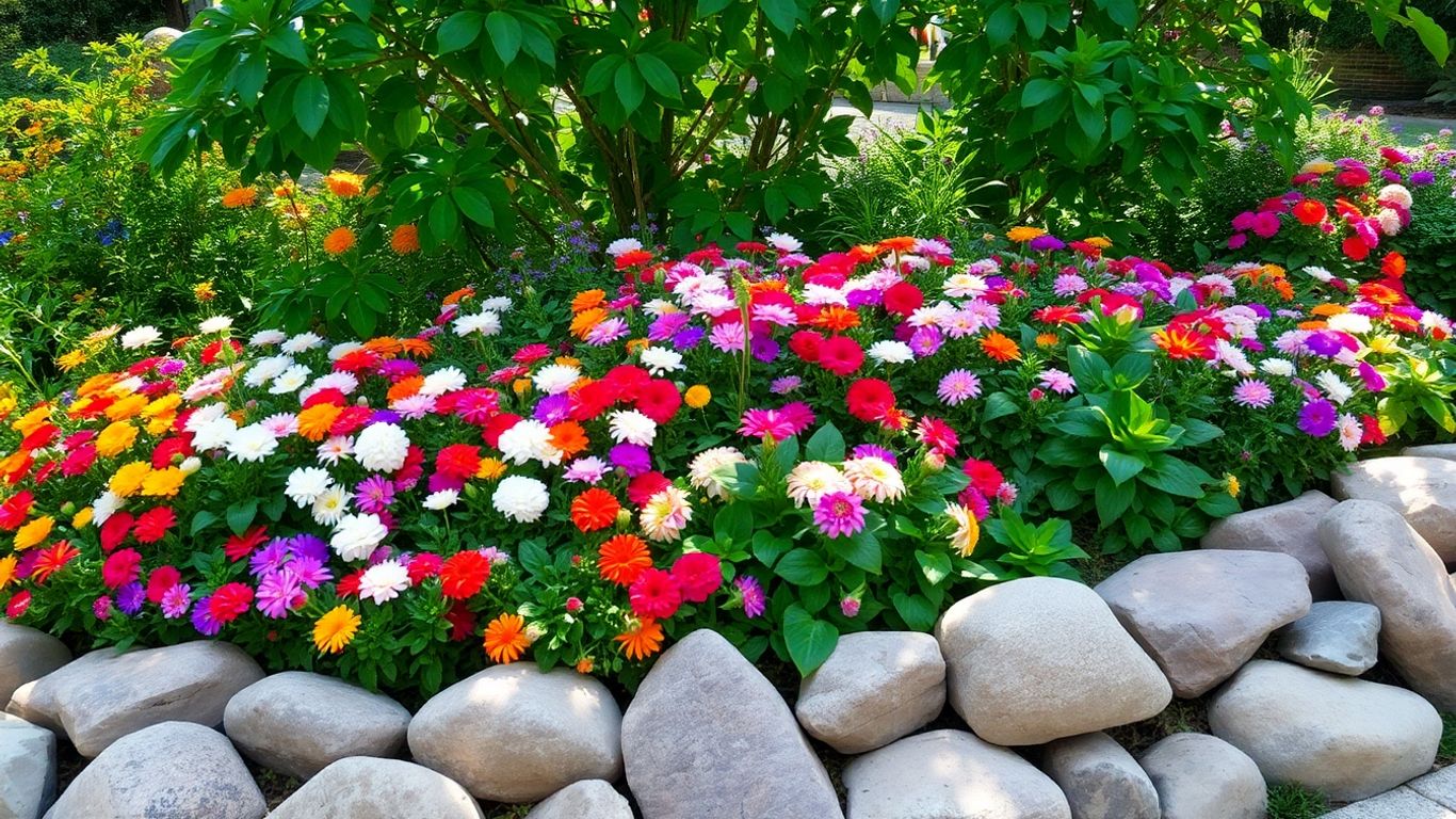 River rock border around a colorful garden bed