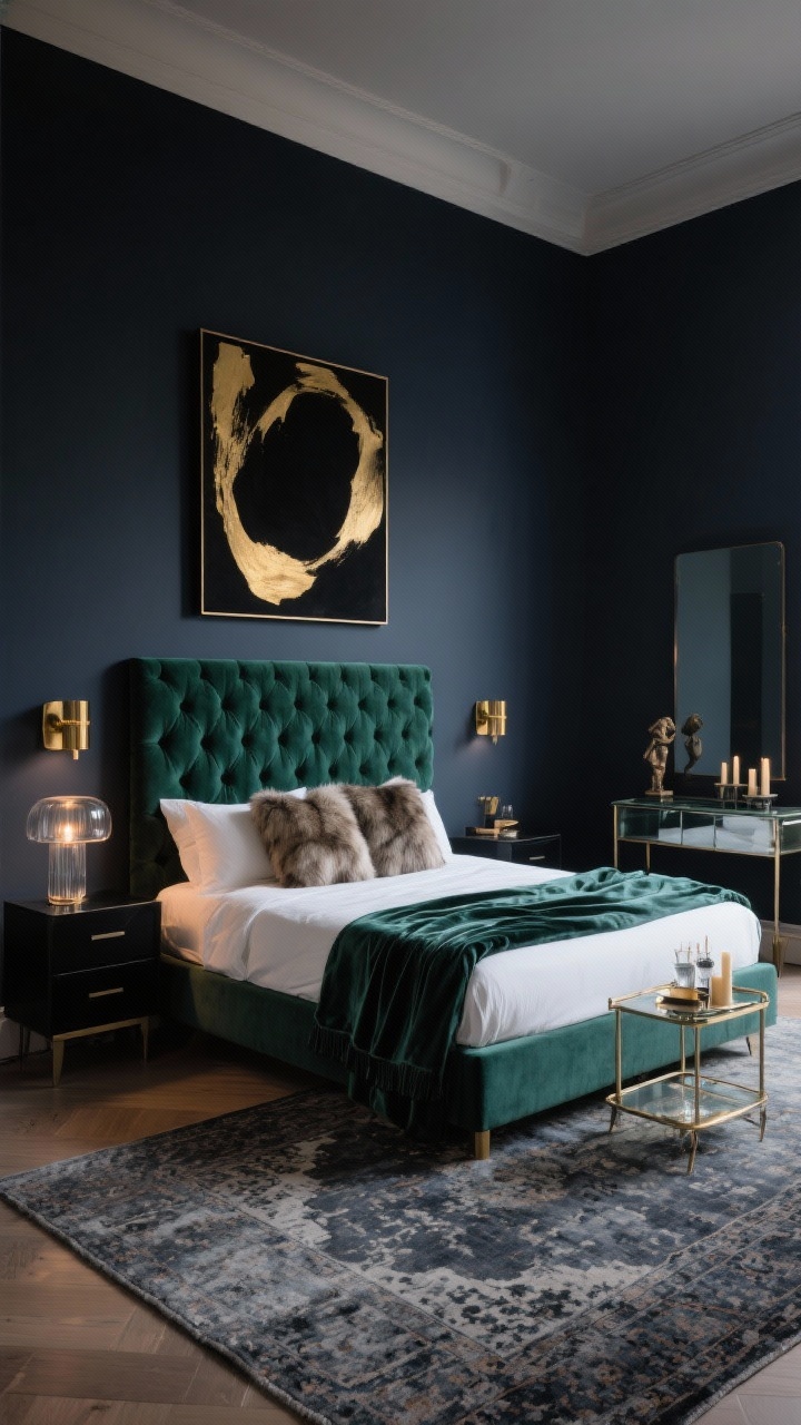 The Luxe Velvet Lounge: A sophisticated bedroom with deep charcoal matte walls, an emerald velvet tufted headboard, crisp white bedding, and warm brass lighting accents.