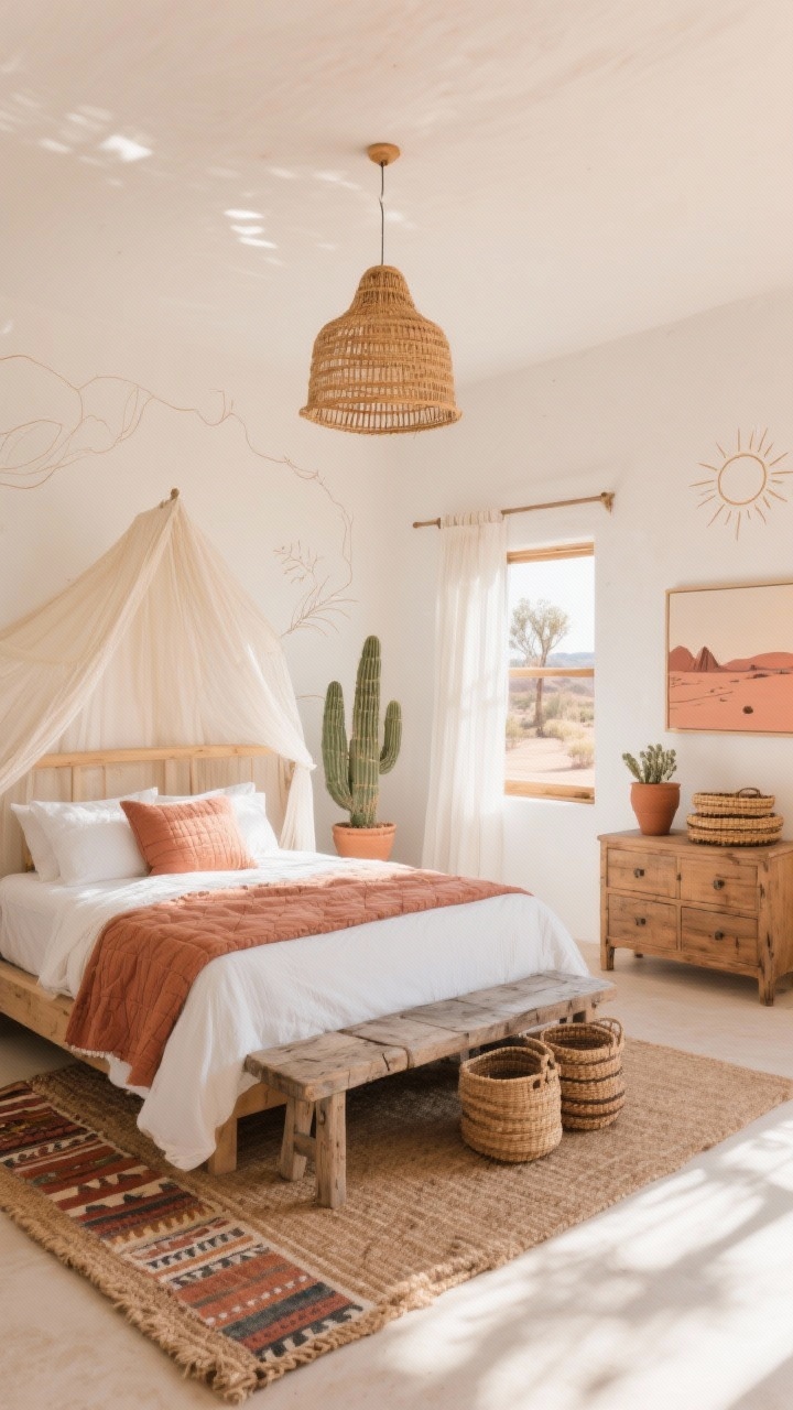 Sunlit Desert-Inspired Farmhouse bedroom with warm white walls, light oak canopy bed, terracotta accents, and rattan pendant lighting