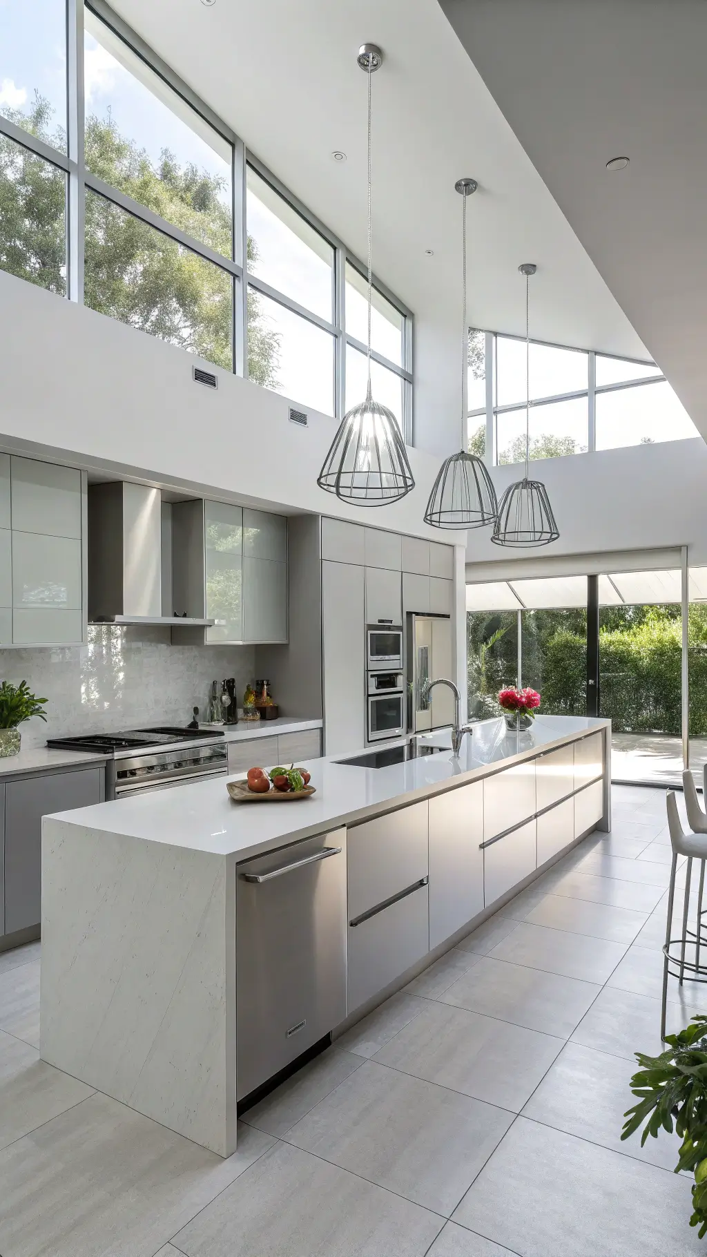 Minimalist modern kitchen with silver aluminium cabinets, white quartz island, stainless steel appliances, natural light from floor-to-ceiling windows
