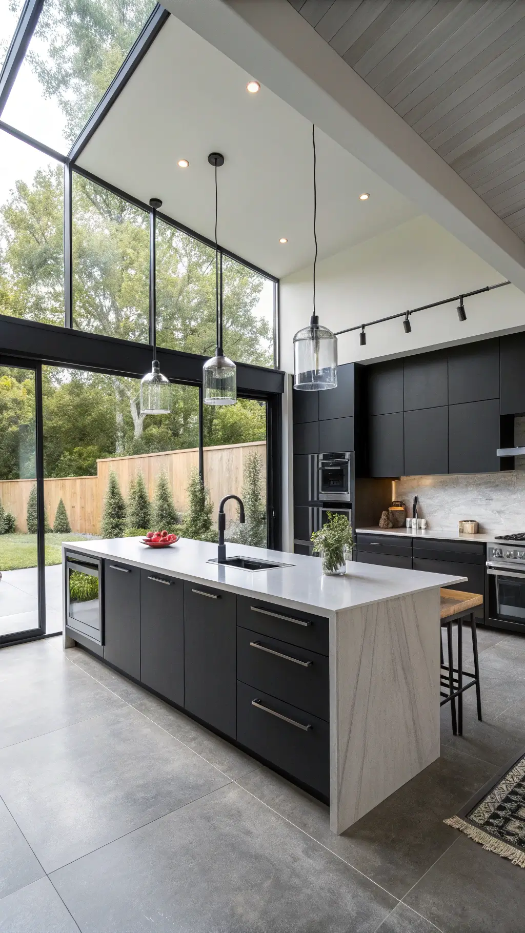 Contemporary kitchen featuring matte black aluminum cabinets, white quartz island, and expansive windows flooding the space with natural light.