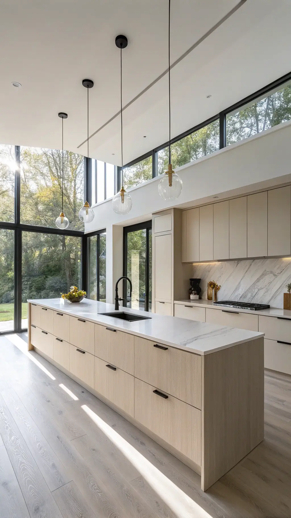 Contemporary kitchen featuring smooth beige cabinets, cream quartz island with waterfall edge, matte black fixtures, and brass hardware illuminated by natural light through large windows