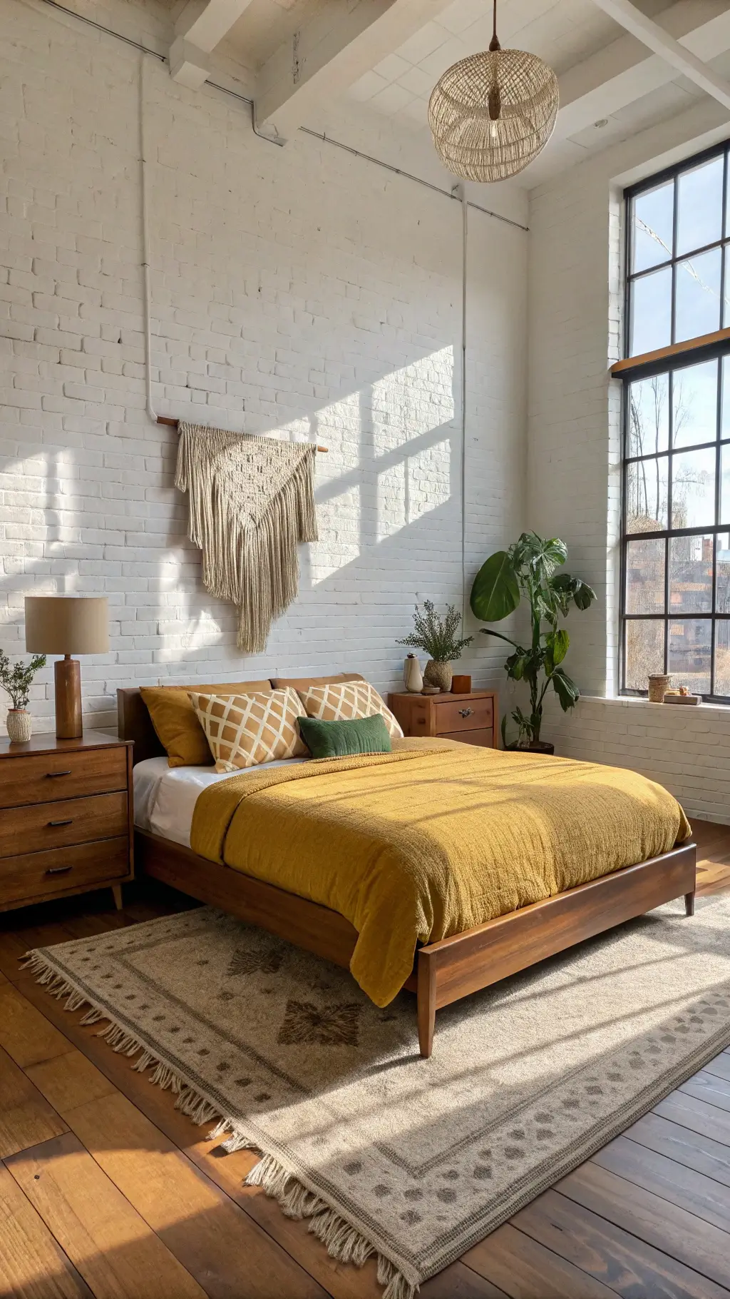 Spacious mid-century styled bedroom with walnut platform bed, mustard linen bedding, geometric pillows, teak dresser, and brass lamp bathed in afternoon sunlight streaming through floor-to-ceiling windows