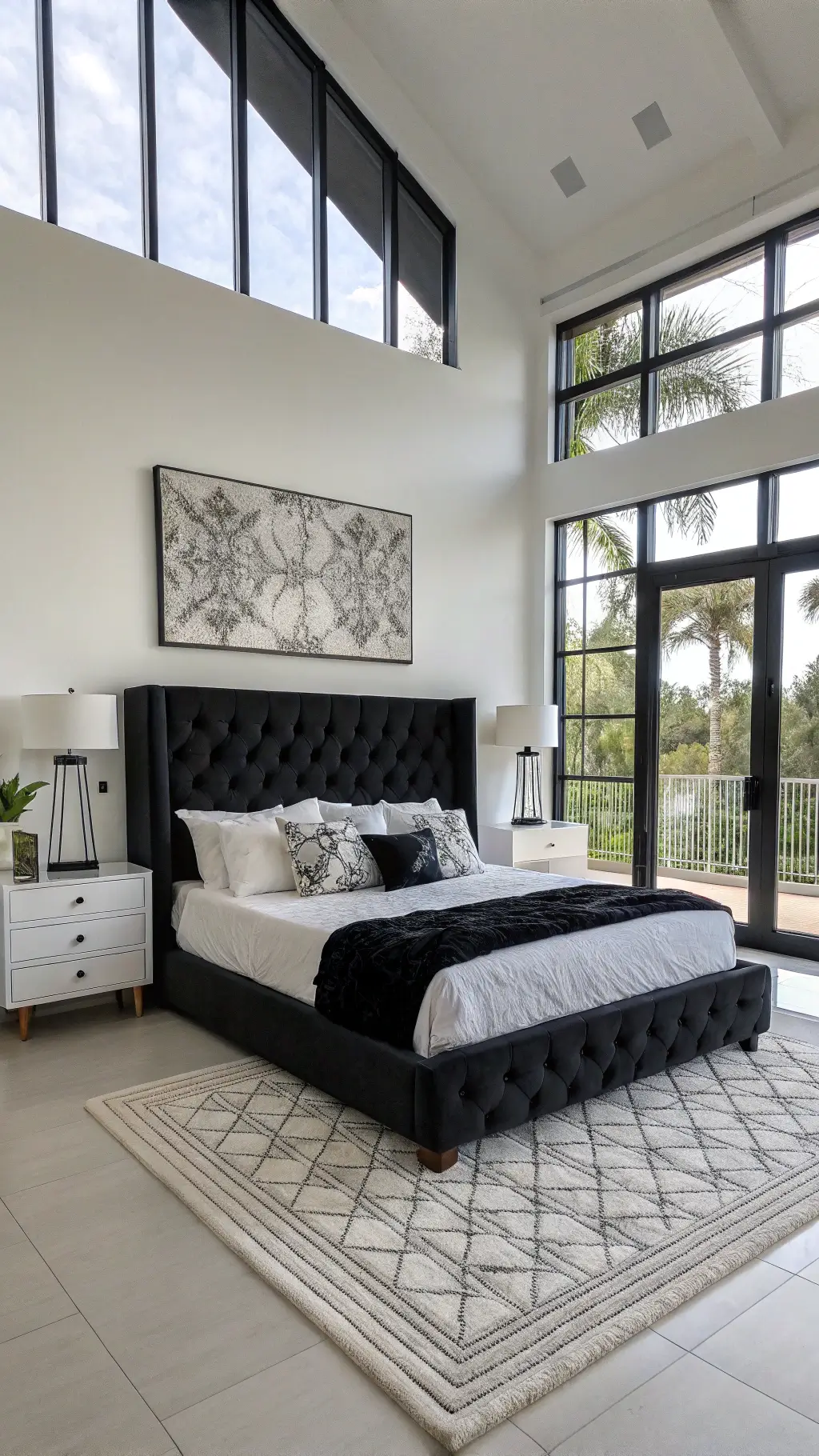 Modern bedroom bathed in morning light featuring a black velvet tufted king bed, white ceramic lamps on nightstands, and a large abstract canvas on the wall, shot from a low corner angle