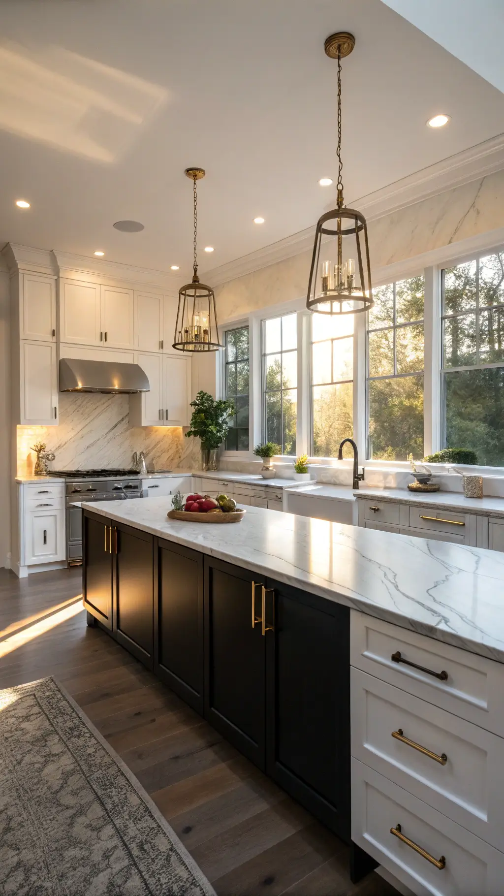 Sunlit contemporary kitchen with two-toned black and white cabinets, Carrara marble countertops, brass pendant lights reflecting off glossy surfaces during golden hour