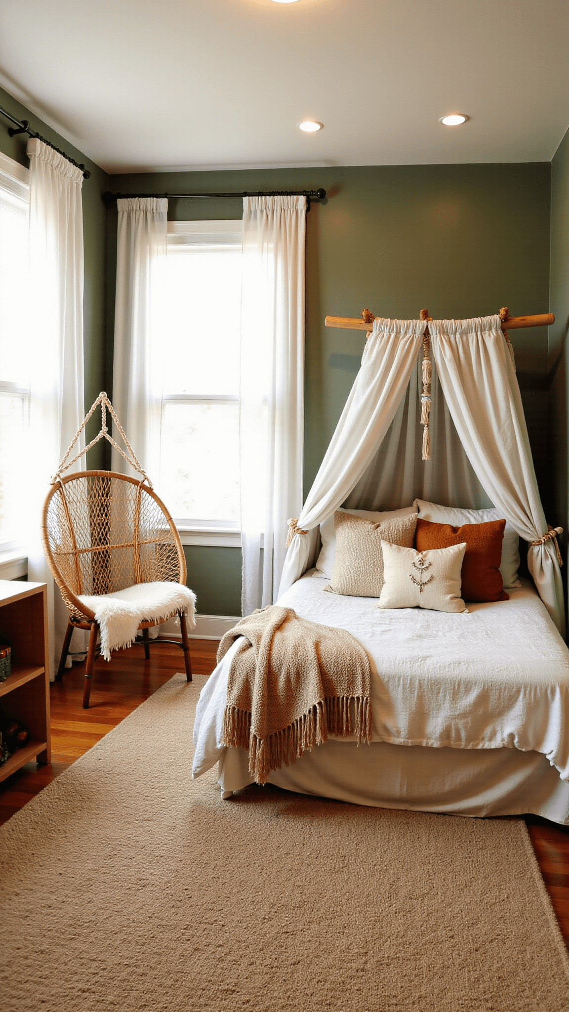 Sunlit children's bedroom featuring natural wood canopy bed, sage green accent wall with botanical wallpaper, rattan hanging chair by window, layered rugs, vintage bookshelf, plants, toys, warm string lights, and earth-toned decor