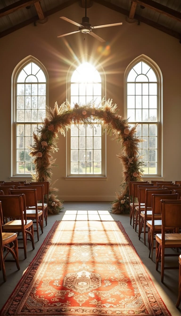 Ethereal wedding ceremony space with vintage runners, mismatched wooden chairs, and a copper arch adorned with pampas grass, bathed in golden afternoon light through cathedral windows.